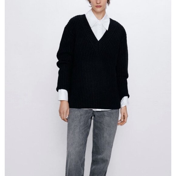 NEW! Zara Oversized Chunky Knit V Neck Sweater Black SZ S - Picture 4 of 14
